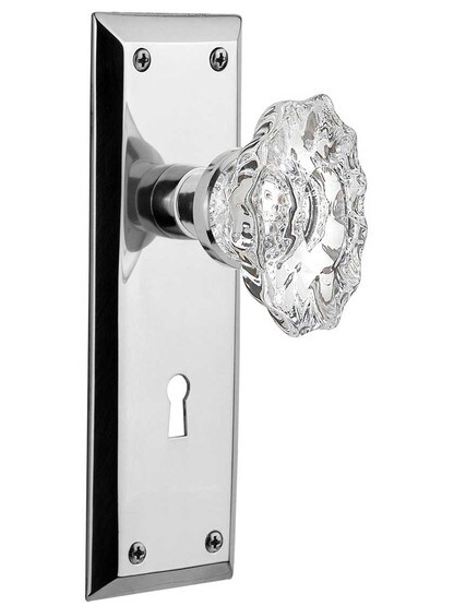New York Door Set with Keyhole and Chateau Crystal Glass Knobs in Polished Chrome.